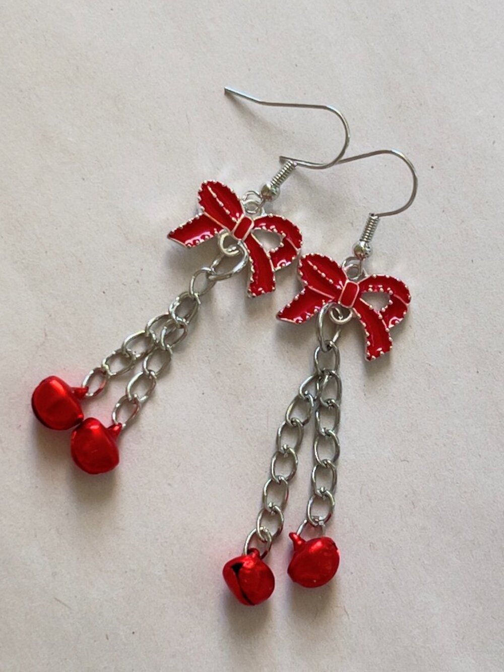 Red and Silver Dangle Earrings with Bows and Jingle Bells Handmade Jewelry